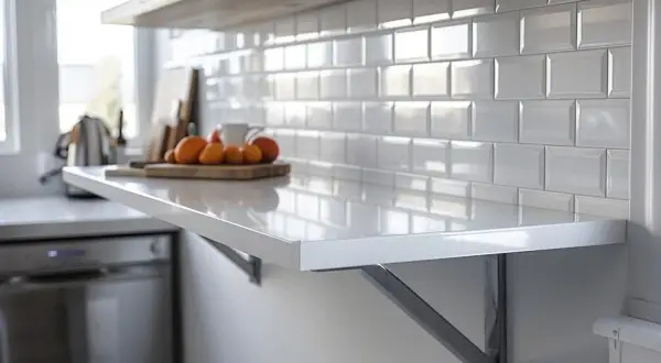 Plan de travail blanc brillant fixé par des équerres. Idéal pour savoir comment fixer un plan de travail.