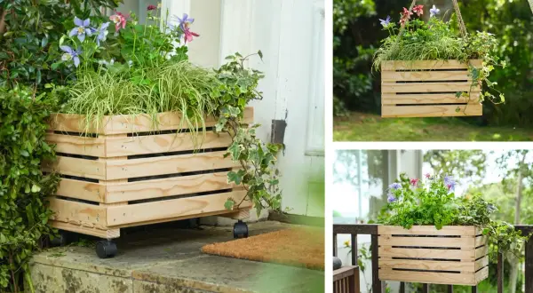 Jolis bacs à fleurs en bois, parfaits pour une décoration de jardin à fabriquer soi-même. Ils sont présentés sur roulettes, suspendus et sur une balustrade.