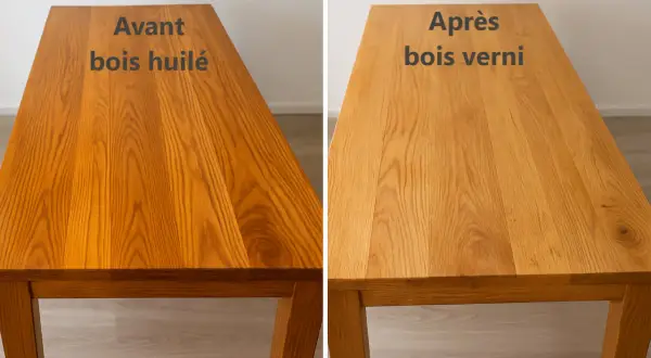 Comparaison d'un bois huilé à gauche et d'un bois verni à droite. La question "peut on vernir après huile de lin" trouve ici une réponse visuelle.