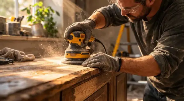 Un artisan utilise une ponceuse pour préparer un meuble en bois avant de le peindre. La poussière vole autour de l'outil.