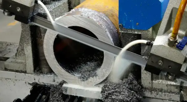 La lame d'une scie à ruban coupe un gros tube métallique, produisant des copeaux.