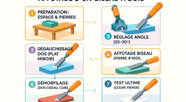 Guide illustré pour l'affûtage d'un ciseau à bois : préparation, réglage de l'angle, affûtage du biseau, démorfilage et test final.