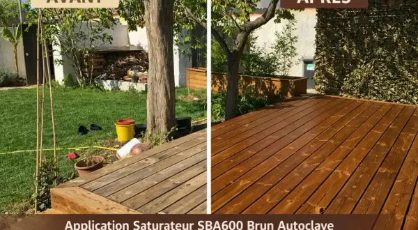 Avant/Après : terrasse en bois vieillie puis rénovée avec saturateur brun. Le temps entre 2 couches de saturateur est crucial pour un résultat optimal.