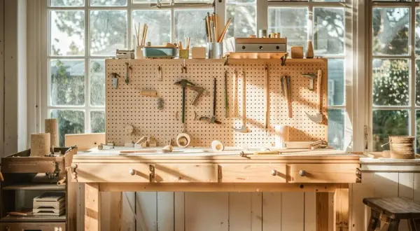 Un établi en bois baigné de lumière, prêt pour apprendre comment travailler le bois. Outils, pièces de bois et fournitures organisés.
