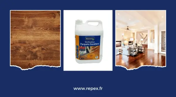 Image montre un parquet, un bidon de vitrificateur et un salon. Une vitrification parquet ratée peut arriver, mais ce produit promet un résultat professionnel.