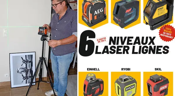 Un homme utilise un niveau laser pour tracer des lignes vertes sur un mur. Le visuel présente plusieurs modèles pour choisir niveau laser : AEG, Bosch, Dewalt, Einhell, Ryobi, Skil.