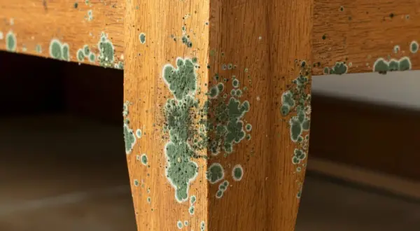 Moisissure verte et blanche envahit un meuble en bois, signe d'une humidité excessive.