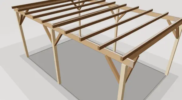 Structure en bois d'une pergola fait maison, en cours de construction, avec des poteaux et des poutres apparents.