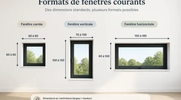 Comparaison de formats de fenêtres courants : carrée (60-90 cm), verticale (70-100 cm x 100-150 cm) et horizontale (100-180 cm x 60-100 cm).