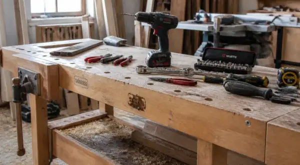 Établi en bois avec une perceuse, des tournevis, une clé à cliquet et une boîte d'embouts de la marque **outillage professionnel** Wurth.