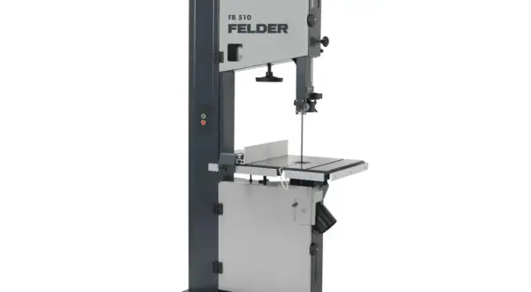 Une scie à ruban FELDER FB 510, machine professionnelle pour la découpe du bois, avec son design gris et anthracite.