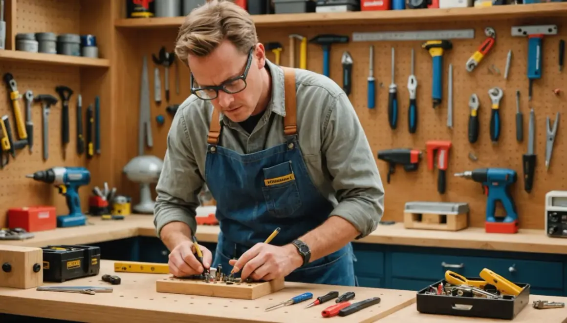 Un homme concentré dans son **atelier bricolage**, entouré d'outils, assemble des pièces sur un établi en bois.