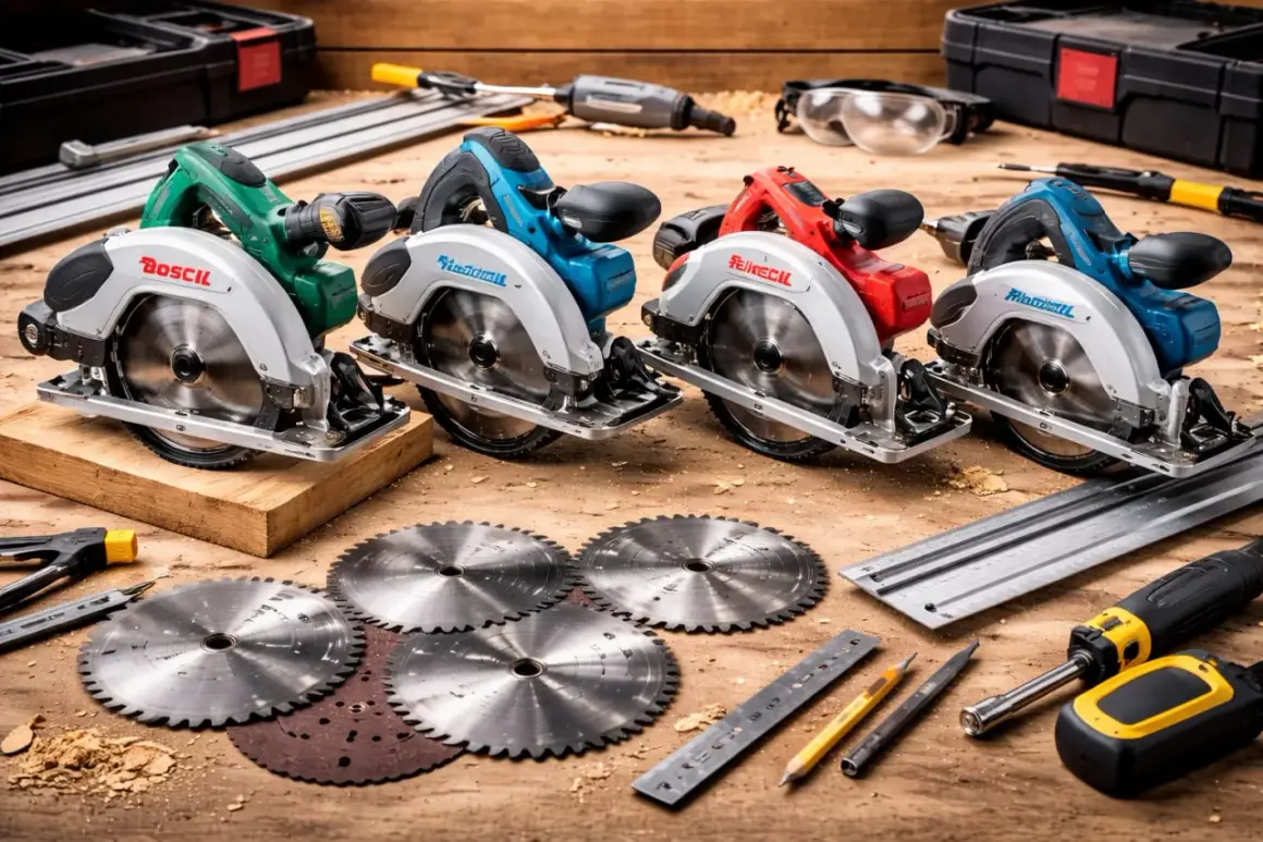 Quatre scies circulaires de différentes couleurs (vert, bleu, rouge, bleu) sont alignées sur un établi en bois, entourées de lames, d'outils et de lunettes de protection.