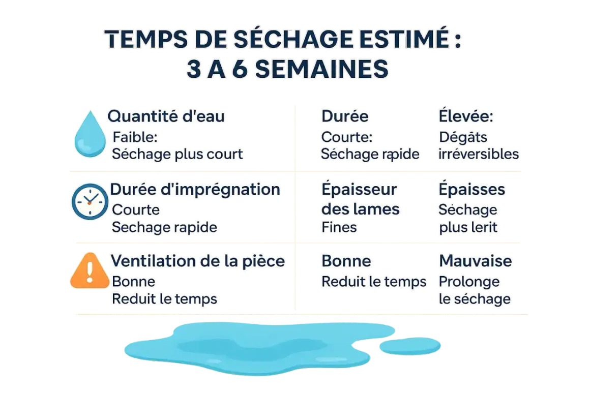 Tableau estimant le temps de séchage d'un parquet stratifié après dégât des eaux : 3 à 6 semaines. Facteurs influençant : quantité d'eau, durée d'imprégnation, épaisseur des lames, ventilation.