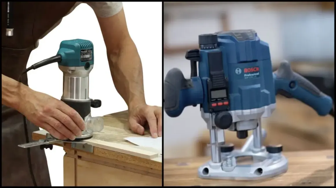 Un artisan utilise une défonceuse pour fabriquer un guide précis. Une autre défonceuse Bosch est montrée.