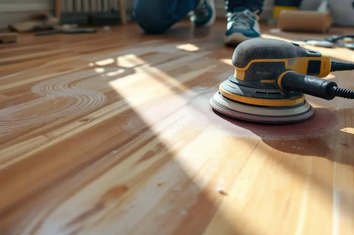 Une ponceuse orbitale en action sur un parquet en bois, laissant des traces de poussière. Apprenez comment poncer du bois avec ponceuse pour un résultat impeccable.