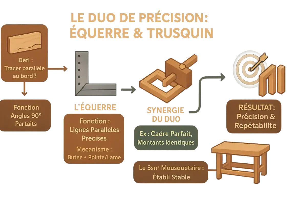 L'équerre d'ébéniste, outil de précision, permet de tracer des lignes parallèles et des angles parfaits pour des montants identiques.
