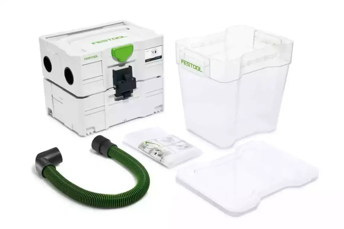 Ensemble pour un atelier propre : le filtre cyclonique Festool, son réservoir transparent, un tuyau vert et une notice.
