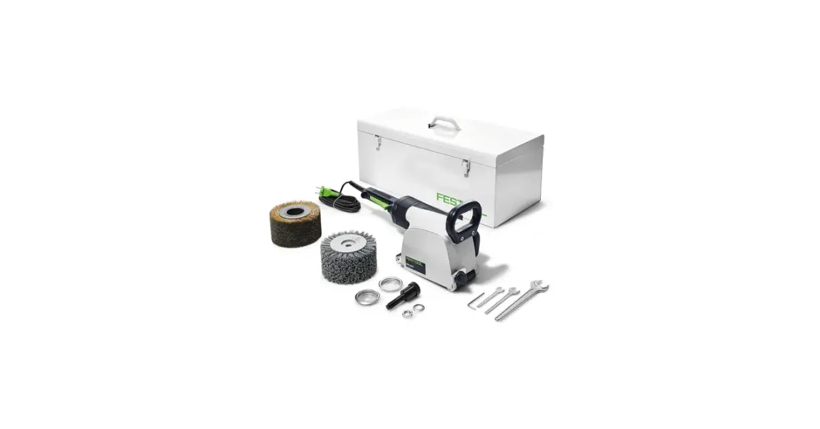 Ensemble d'outils Festool pour le décapage et le nettoyage, incluant une machine, des brosses, des clés et une boîte de rangement. Idéal pour le rustofix.