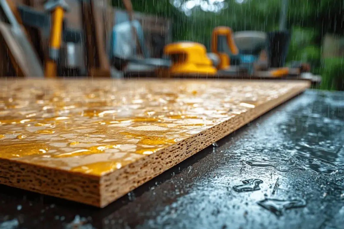 Planche d'OSB sous la pluie, l'eau ruisselle sur sa surface. L'humidité menace ce matériau de construction.