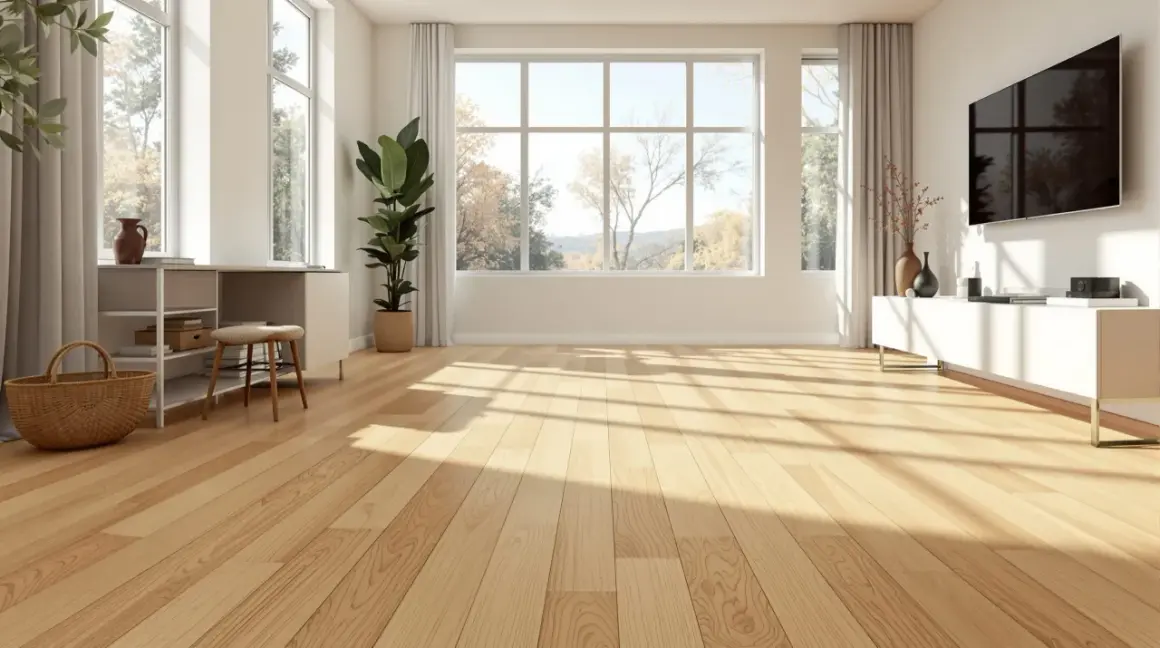 Parquet clair et lumineux, idéal pour un salon moderne. Le vitrification parquet prix m2 est un investissement pour la beauté et la durabilité.