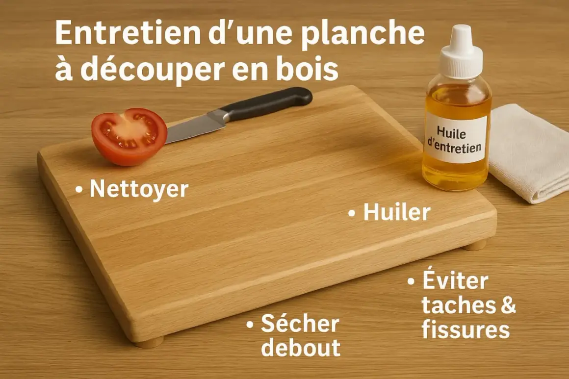 Planche à découper en bois huilé, avec une tomate coupée, un couteau, une bouteille d'huile et un chiffon. Conseils : nettoyer, huiler, sécher debout, éviter taches et fissures.