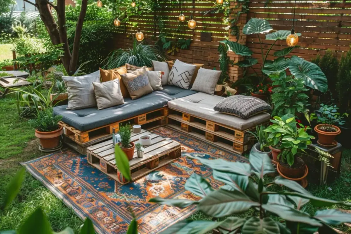 Salon de jardin cosy avec canapé et table basse fabriqués à partir de palettes. Une **terrasse en palette** accueillante, décorée de coussins et de plantes.
