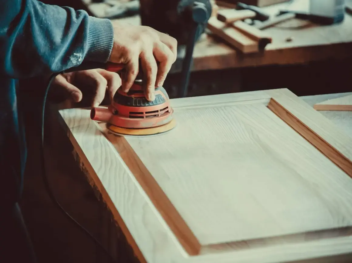 Un artisan utilise une ponceuse orbitale pour lisser une porte en bois. Le choix de la ponceuse est crucial pour un travail de finition parfait.