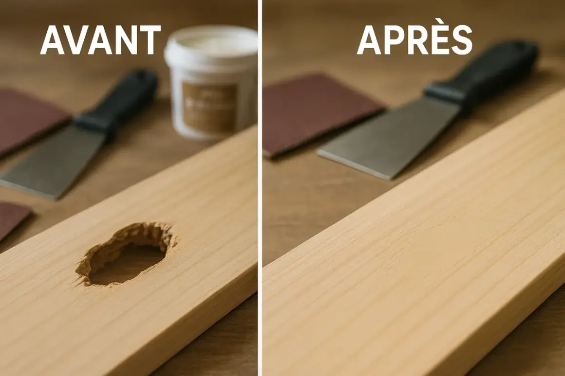 Avant/après : un trou dans le bois rebouché avec de la pâte à bois.