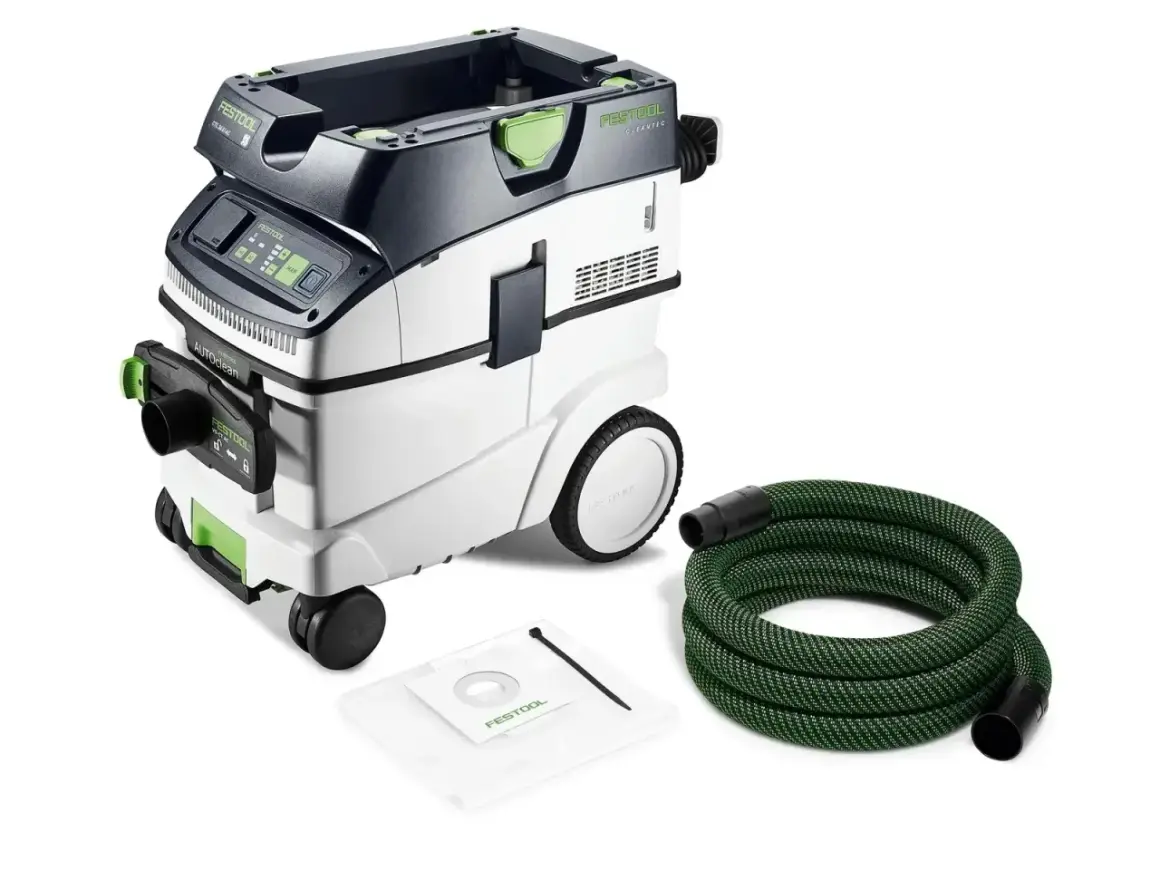 Aspirateur Festool CT VA 20 avec tuyau vert et sac filtrant. Idéal pour un atelier propre.