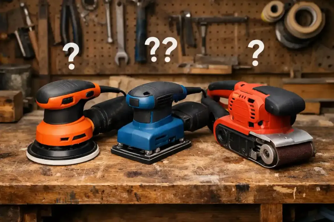 Trois ponceuses de rénovation, une orange, une bleue et une rouge, sur un établi en bois. Quel outil choisir pour votre projet ?