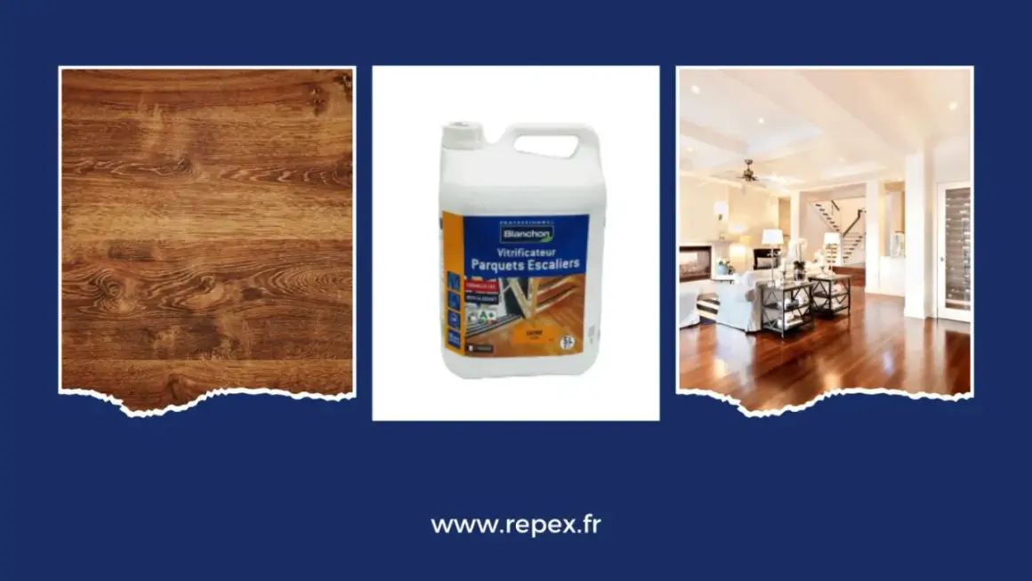Image montre un parquet, un bidon de vitrificateur et un salon. Une vitrification parquet ratée peut arriver, mais ce produit promet un résultat professionnel.