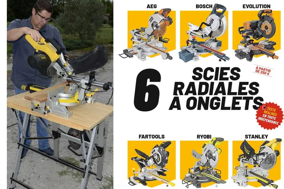 Comparaison de scies radiales à onglets : un homme utilise une scie, six modèles présentés (AEG, Bosch, Evolution, etc.).