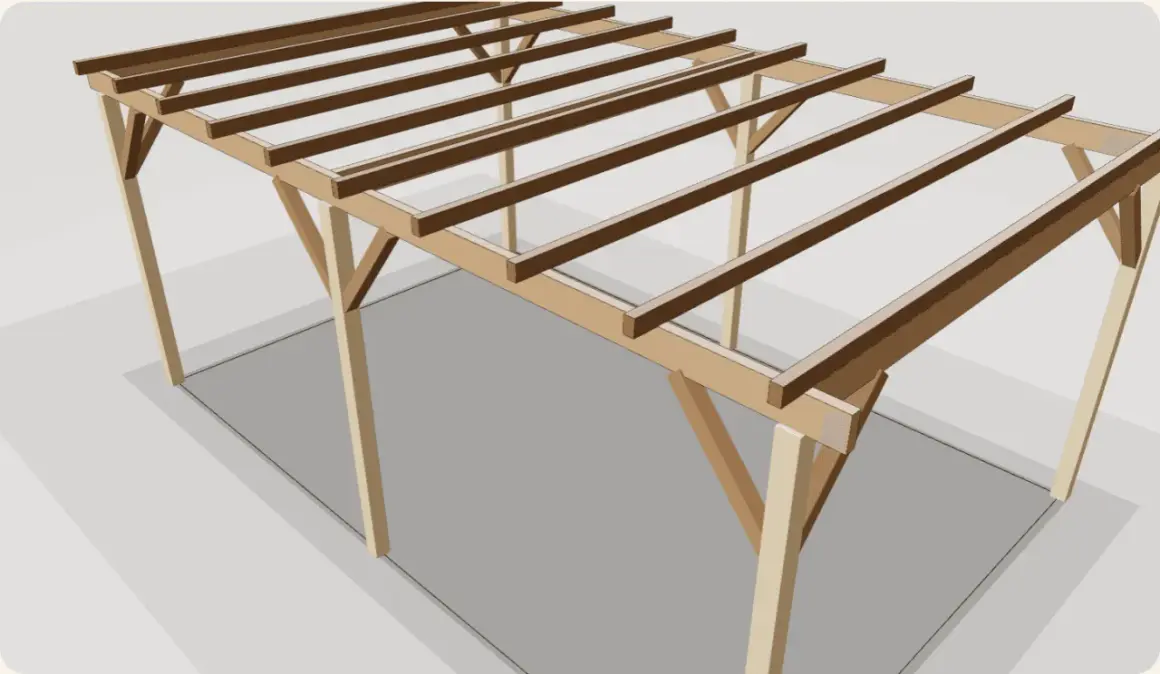 Structure en bois d'une pergola fait maison, en cours de construction, avec des poteaux et des poutres apparents.