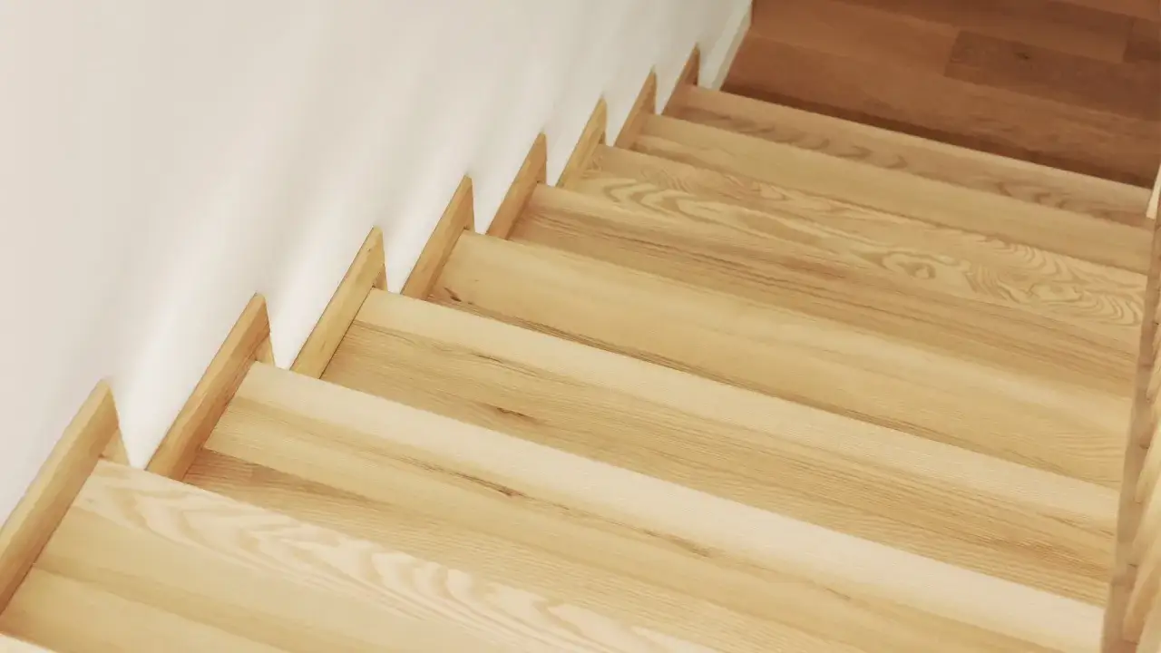Escalier en bois clair, prêt pour un entretien à l'huile de lin pour révéler sa beauté naturelle.