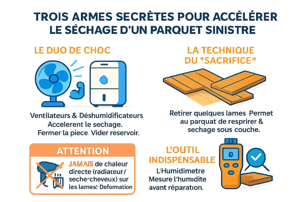 Accélérer le temps de séchage parquet stratifié après dégât des eaux : ventilateurs, déshumidificateurs, retirer lames, mesurer humidité. Attention chaleur directe.