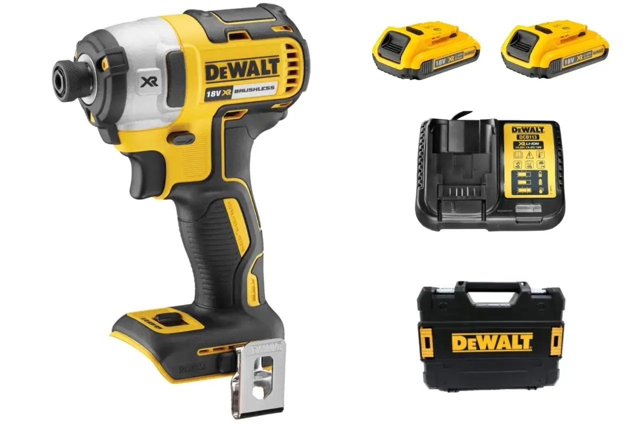 Visseuse à choc DeWalt jaune et noire, avec deux batteries, un chargeur et une mallette. Idéal pour une utilisation professionnelle.