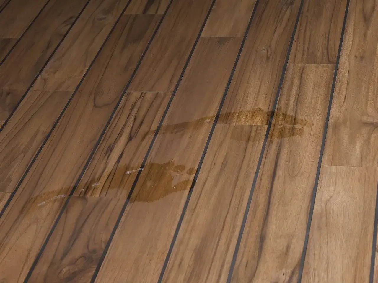 Une flaque d'eau sur un parquet en bois, provoquant un l&eacute;ger gondolage. Les lattes de bois brun fonc&eacute; sont s&eacute;par&eacute;es par des joints noirs.