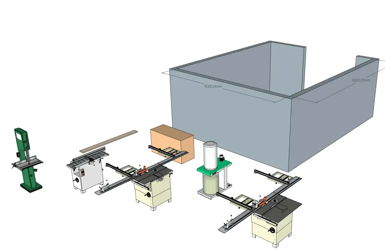 Plan atelier menuiserie : scie à ruban, dégauchisseuse, deux scies circulaires, un aspirateur et un bloc de bois dans un espace de 5x6m.