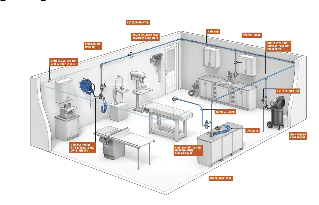 Sch&eacute;ma d'un atelier montrant comment choisir un compresseur et installer un syst&egrave;me d'air comprim&eacute; avec tuyaux, raccords et prises multiples.