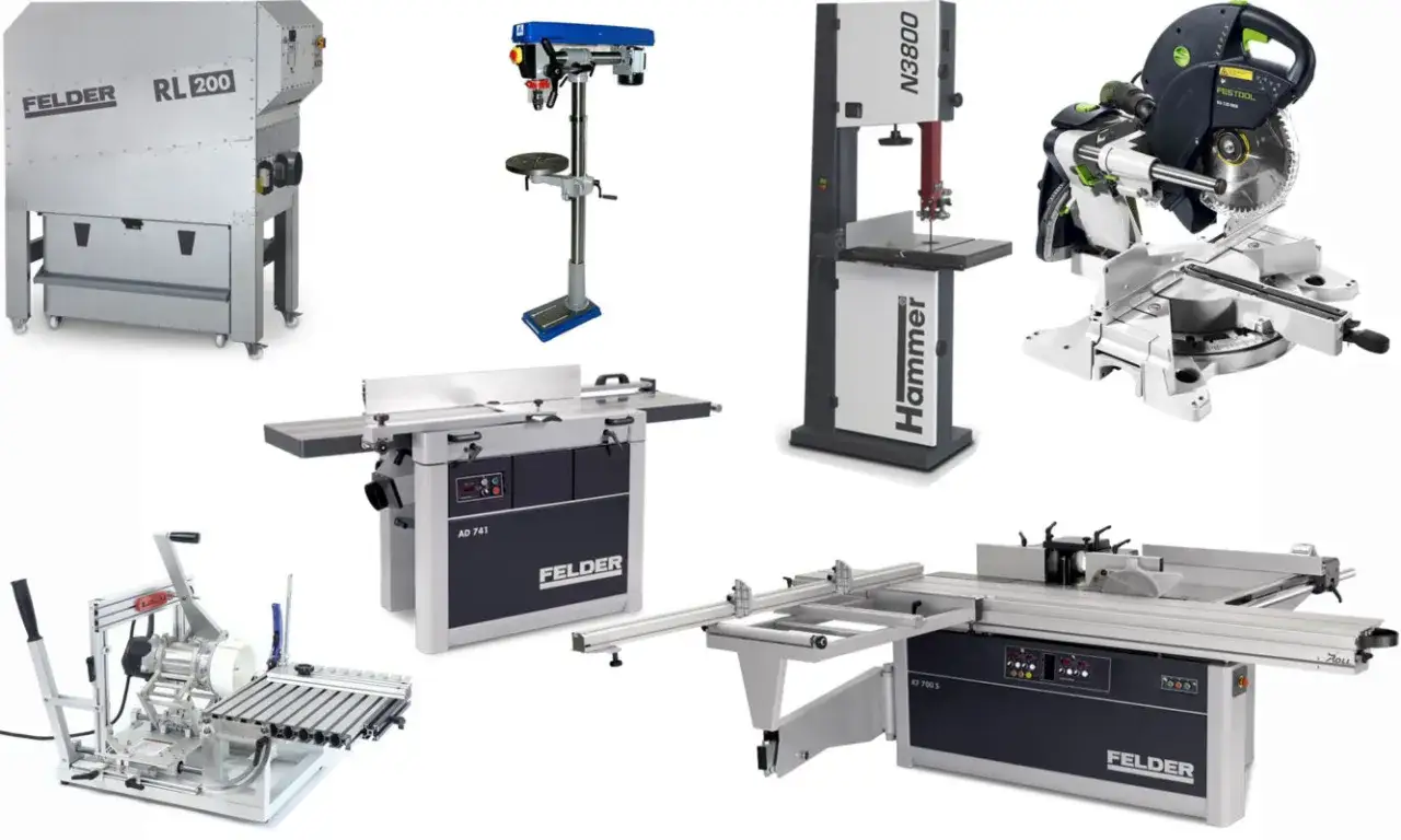 Ensemble de machines pour le travail du bois, incluant une dégauchisseuse, une scie à format, une scie à ruban, une scie à onglets et une perceuse à colonne. Ces outils, souvent utilisés avec de l'outillage à air comprimé, permettent des coupes précises.