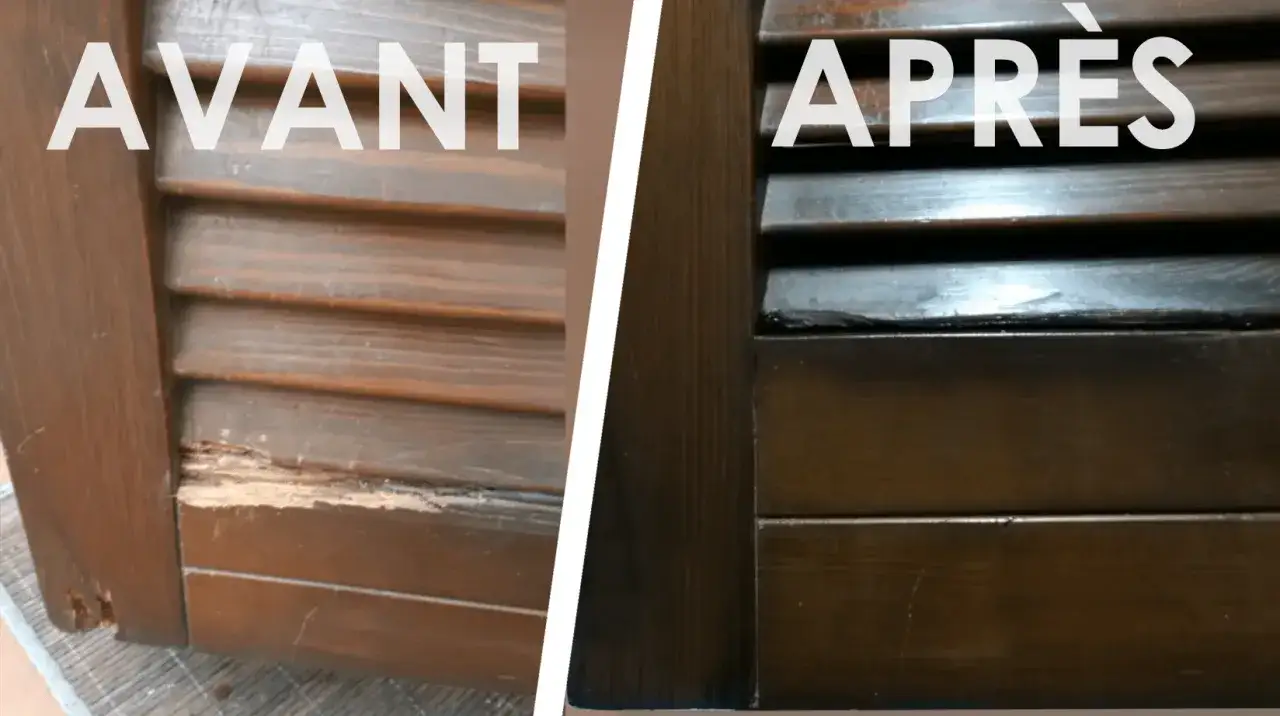 Avant/après : un volet en bois abîmé réparé avec de la pâte à bois, retrouvant son aspect d'origine.