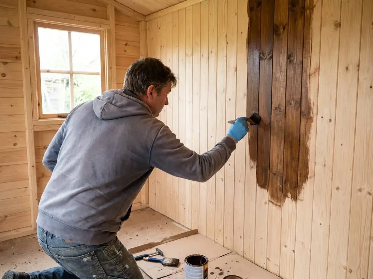 Un homme lasure l'int&eacute;rieur d'un abri de jardin en bois. Il applique un produit protecteur sur les lamelles verticales.