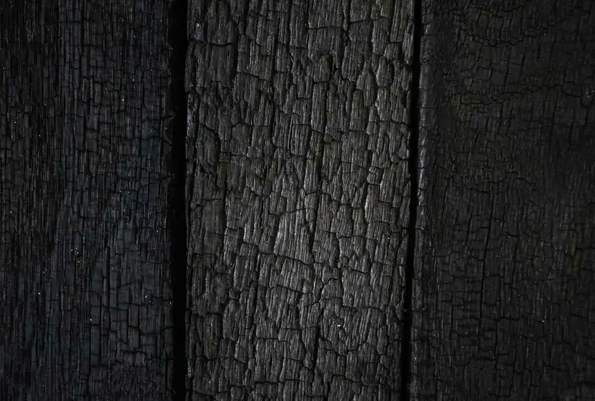 Texture profonde et craquel&eacute;e de bois noirci par le feu, r&eacute;v&eacute;lant la beaut&eacute; brute du noircir du bois.