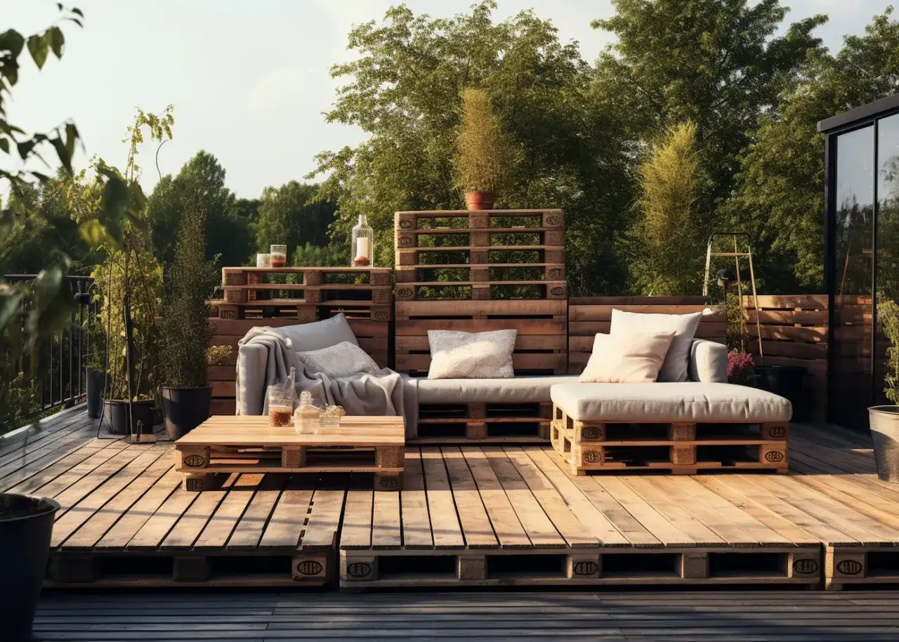 Am&eacute;nagement d'une terrasse en palette avec canap&eacute;, table basse et coussins confortables, entour&eacute;e de verdure.
