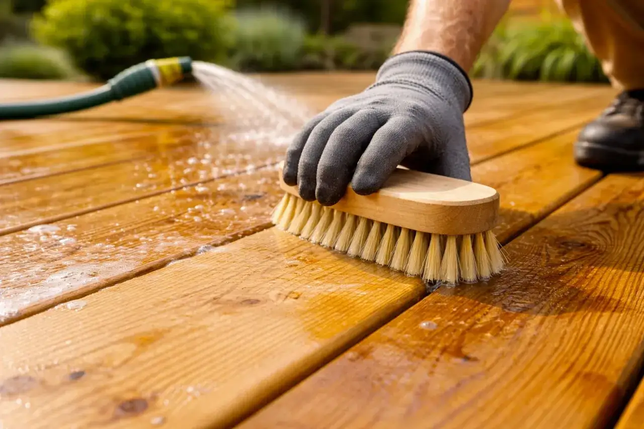 Gant&eacute;, on frotte une terrasse en bois mouill&eacute;e avec une brosse pour un entretien parfait.