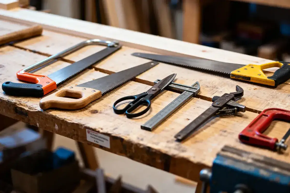 Outils de menuiserie sur un établi : scies, ciseaux, pied à coulisse. Idéal pour apprendre comment travailler le bois.