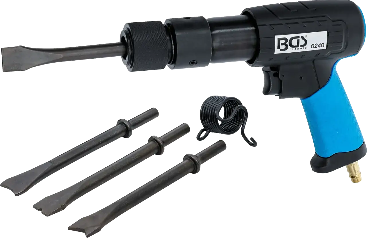 Outil pneumatique BGS 6240, une hammer machine avec trois burins et un ressort, prêt pour le travail.