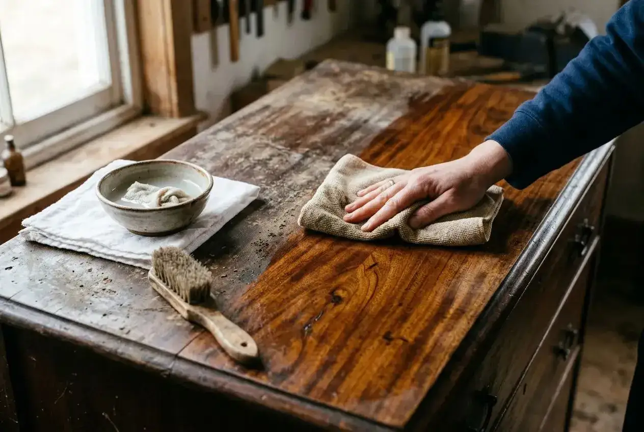 Main d'artisan en train d'enlever colle sur bois avec un chiffon, sur un meuble ancien. Brosse et bol d'eau à proximité.