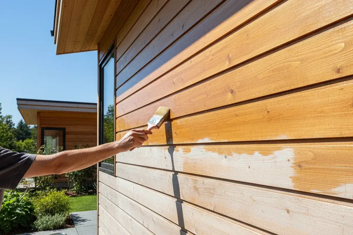 Application d'une lasure sur un bardage en bois pour le prot&eacute;ger. La moiti&eacute; du mur est d&eacute;j&agrave; trait&eacute;e, l'autre attend son tour.